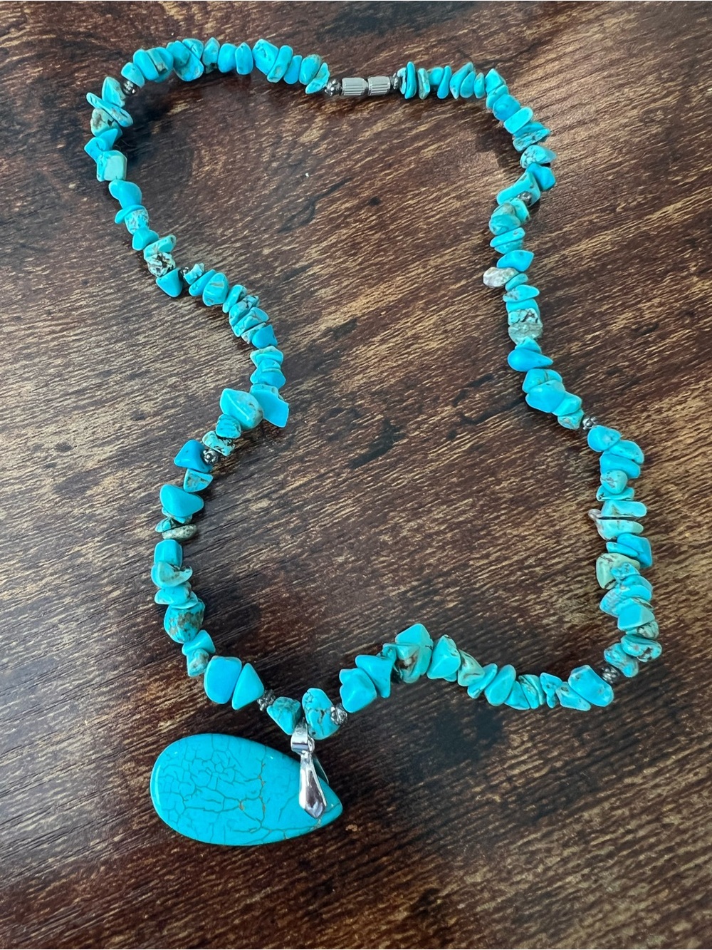 Turquoise Chip Necklace with Teardrop Pendant - Bright Turquoise Women Jewelry